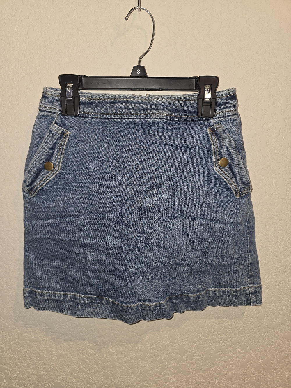 Copper Key Blue Denim Mini Skirt with Snap-Flap Pockets XS